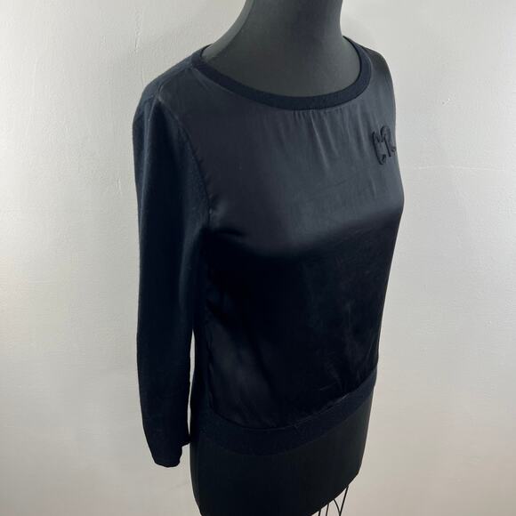 Carine Roitfeld Uniqlo Black Mixed Media Silk Wool Embroidered Long Sleeve Top S - Picture 5 of 10